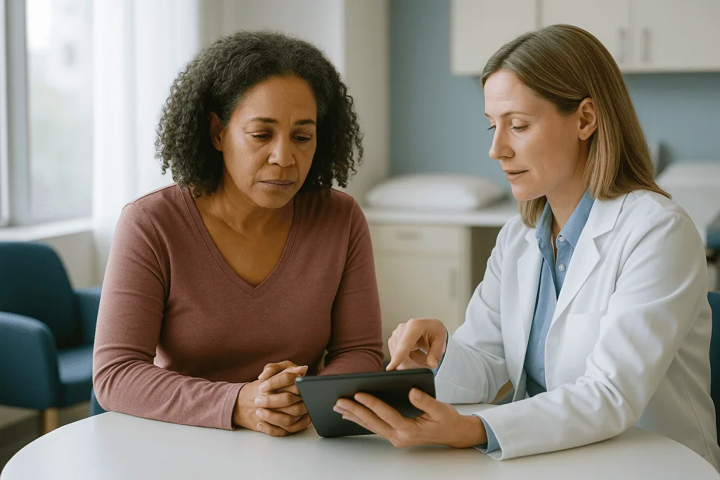 Female doctor consulting patient on tablet in clinic: Question 1: What is lupus doing in my body right now?