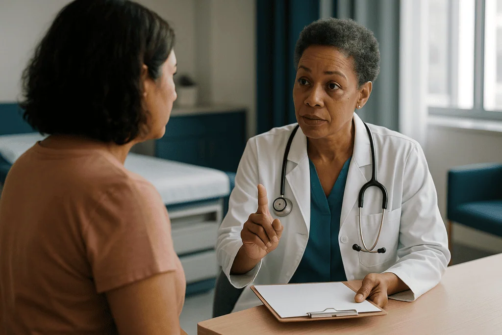 Female doctor consulting with patient in clinical office: Questions before hysteroscopy about purpose: what exactly are you 