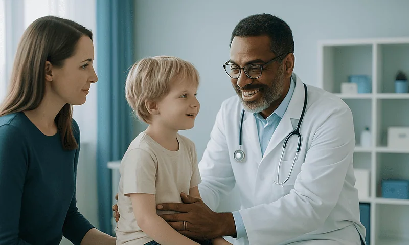 Pediatric rheumatologist consulting with a young patient and parent in a clinic.