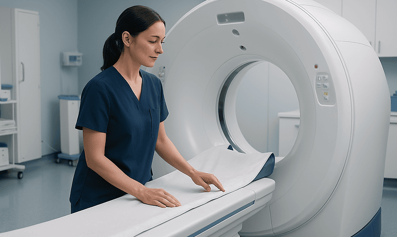 Medical professional preparing a CT scan in a modern hospital setting.