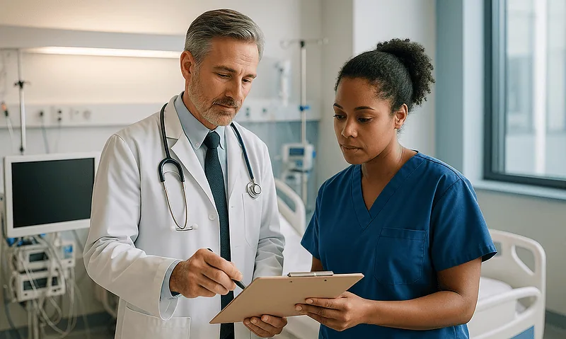 Doctor and nurse discussing patient care in hospital ICU.