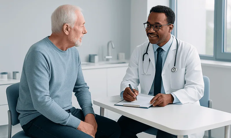 Doctor consulting with an elderly male patient in a modern clinic.