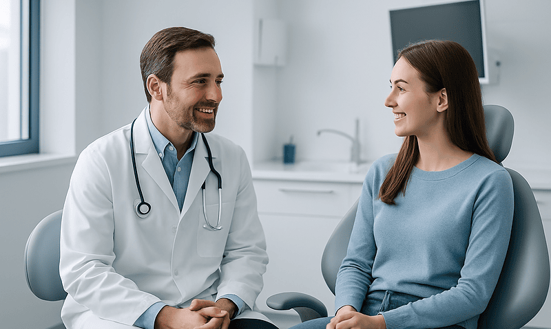 Orthodontist consulting with a patient in a modern clinic.