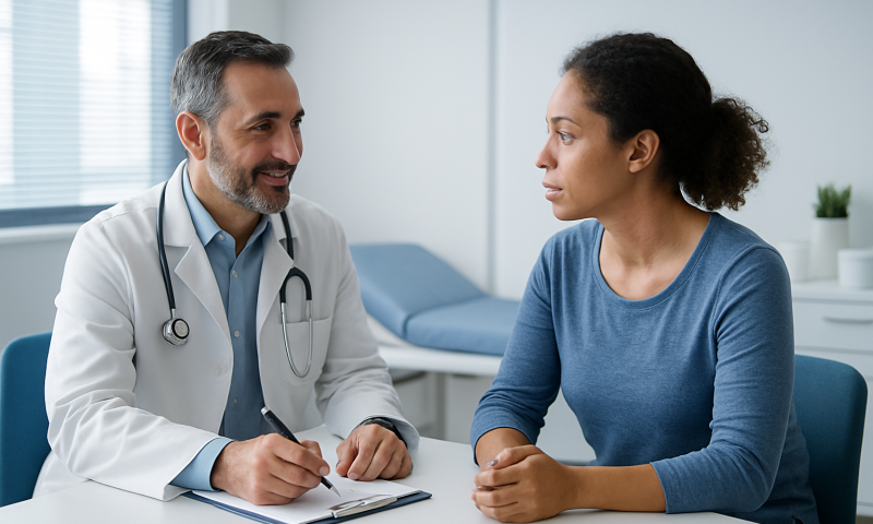 Doctor consulting with a patient in a modern medical office.
