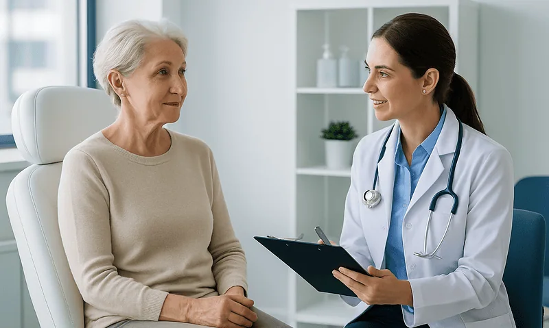Doctor consulting with elderly woman in a medical office.