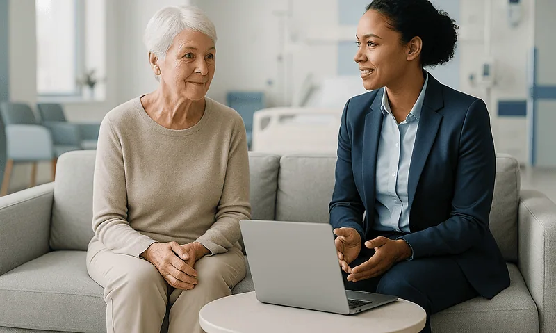 Doctor consulting with elderly patient in hospital setting.