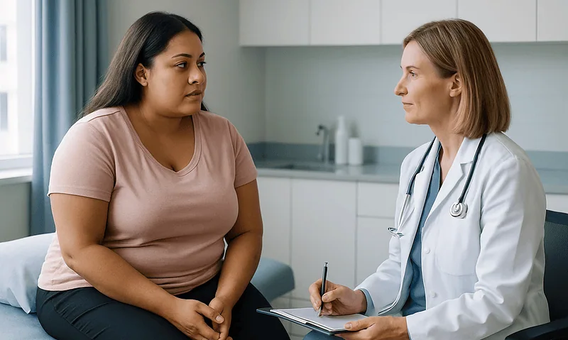 Doctor consulting with patient about aesthetic genital surgery options.