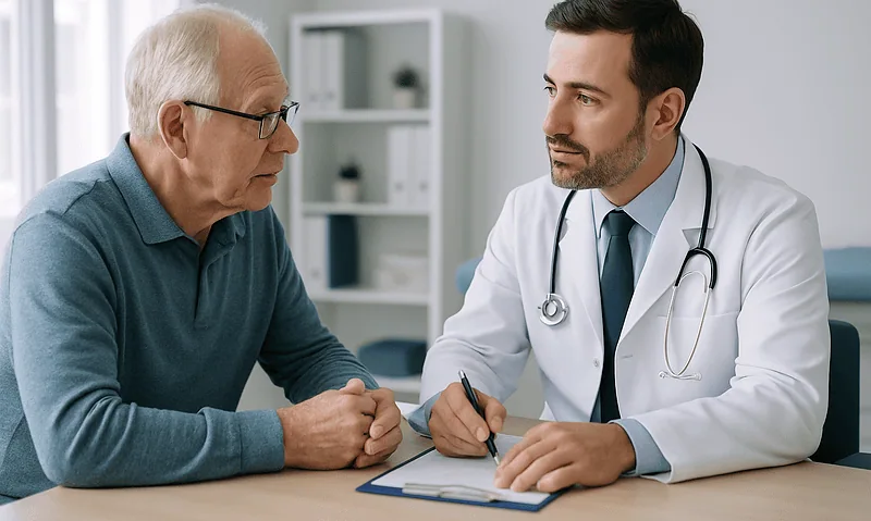 Doctor consulting with elderly patient in a medical office.