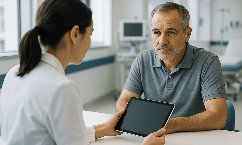 Doctor discussing medical options with a patient in a hospital setting.
