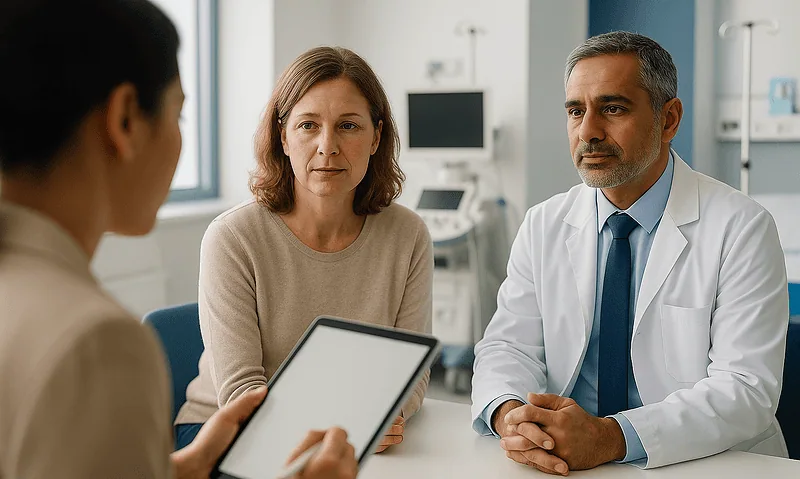 Doctor consulting with a patient in a hospital room.