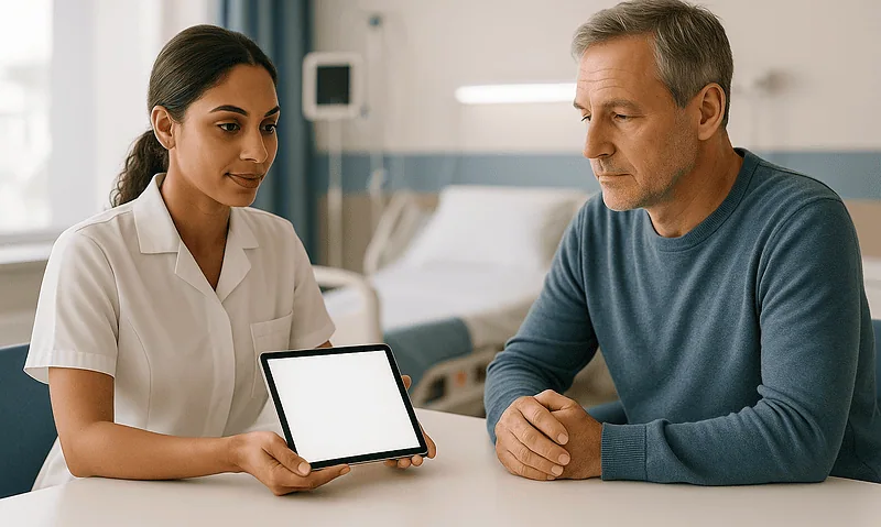Doctor explaining treatment options to a patient in a hospital room.