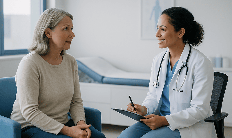 Doctor consulting with an older female patient in a medical office.