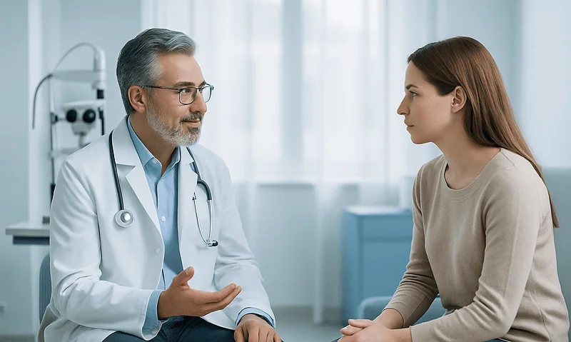 Doctor consulting with young female patient in a medical office.