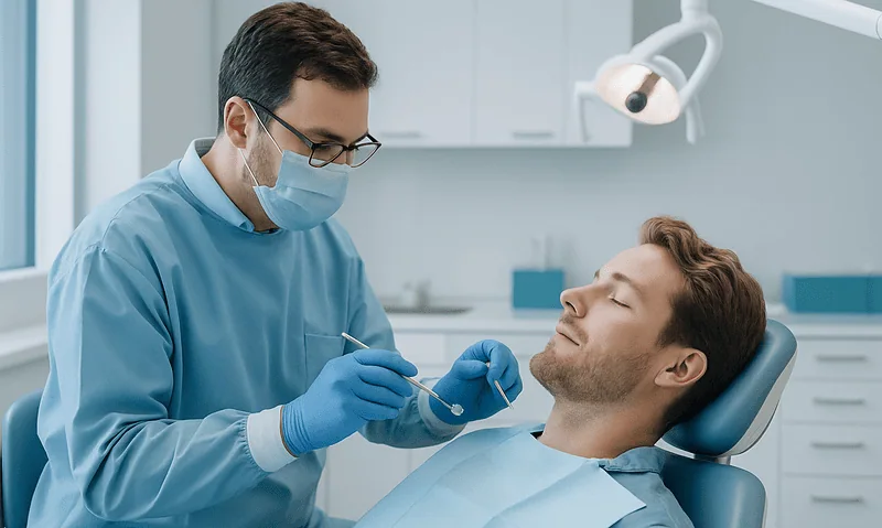 Questions to Ask Before Teeth Veneers: Enamel Removal, Repairs and Future Replacement 4 Dentist examining patient's teeth in a modern dental clinic.