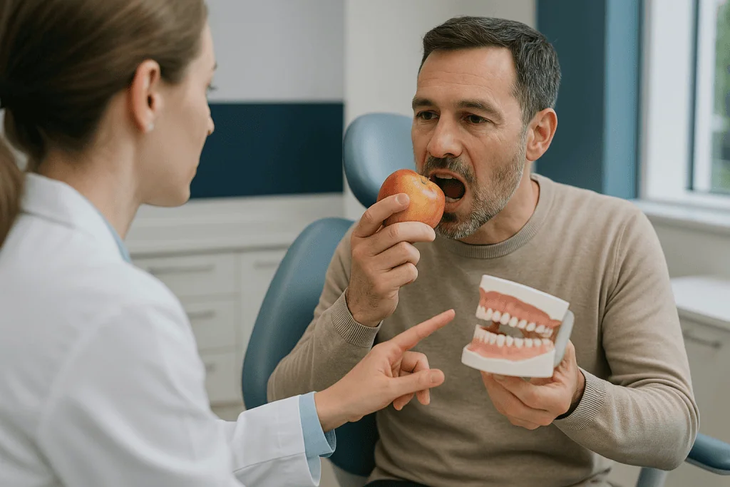 Dentist discussing teeth model with patient eating apple: Questions to ask before veneers about enamel removal: how much, an