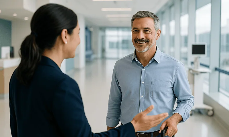 Smiling man with luggage talking to a woman in a hospital corridor.