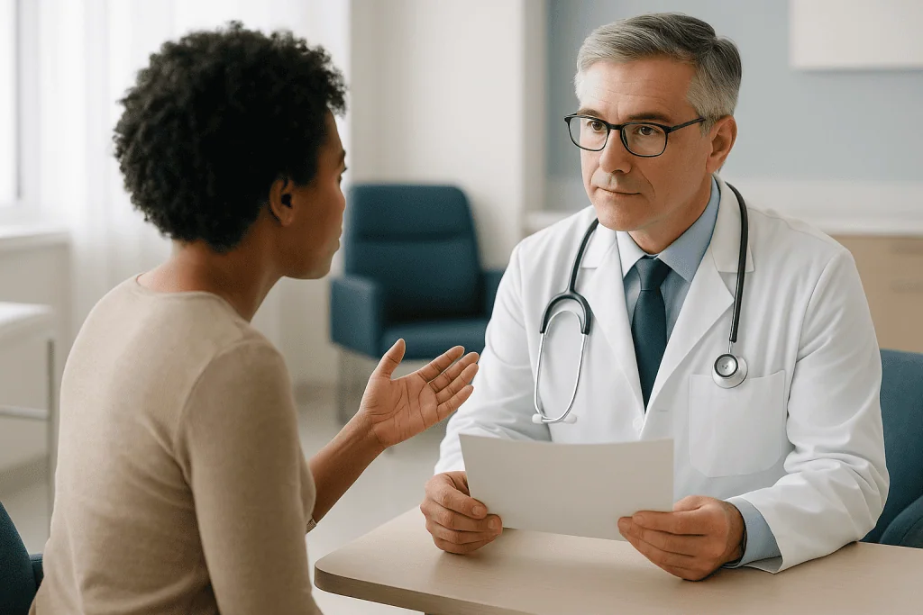 Doctor consulting patient in clinical office setting: Questions to ask cosmetic surgeon about credentials and training