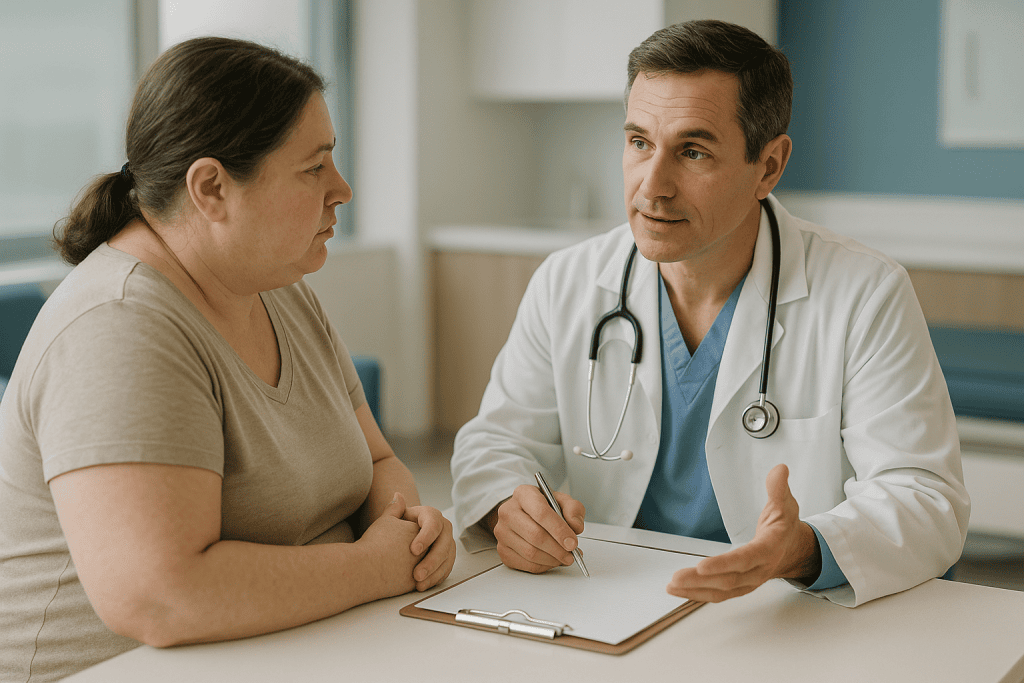 Doctor consulting with patient about medical procedure: Questions to ask your bariatric surgeon about experience and the pro