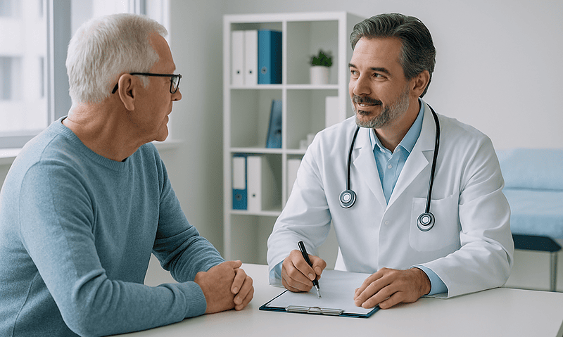 Cardiologist consulting with an elderly patient in a modern clinic.
