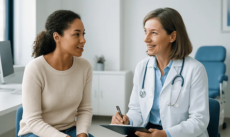Gynecologist consulting with a patient in a medical office.