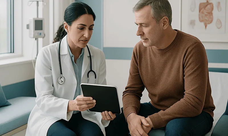 Doctor consulting with a patient in a medical office setting.