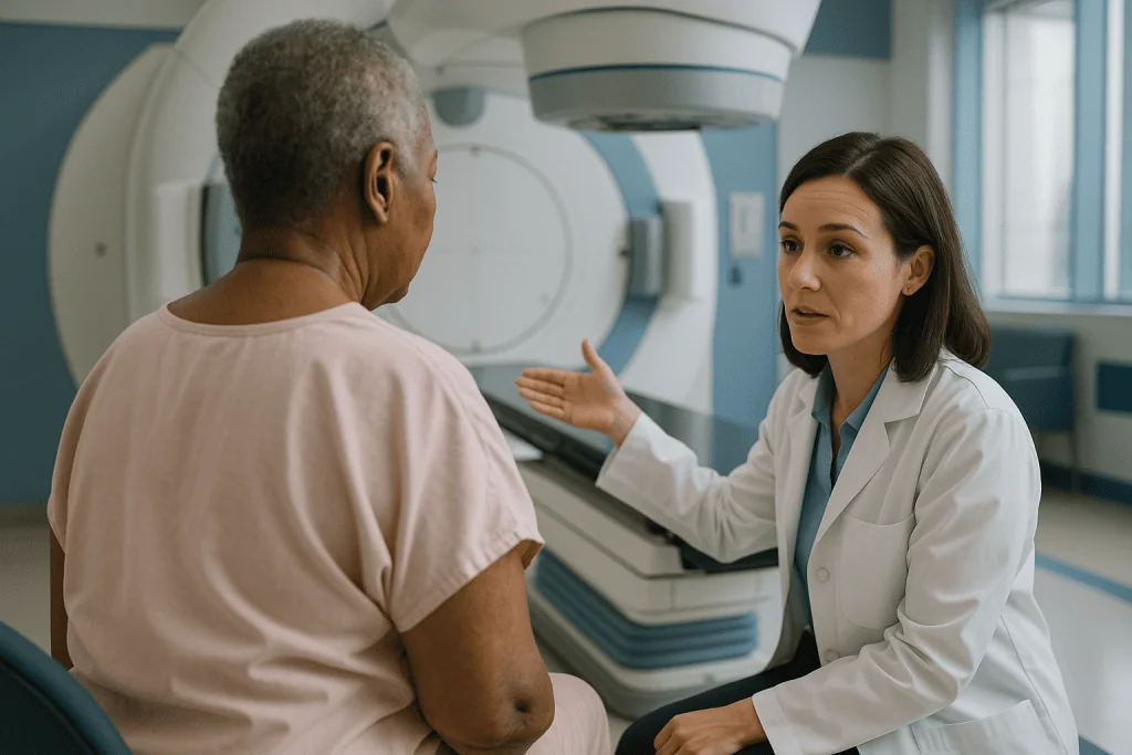 Doctor consulting with patient near radiation therapy equipment: Radiation after surgery: clearing the cells a scalpel canno