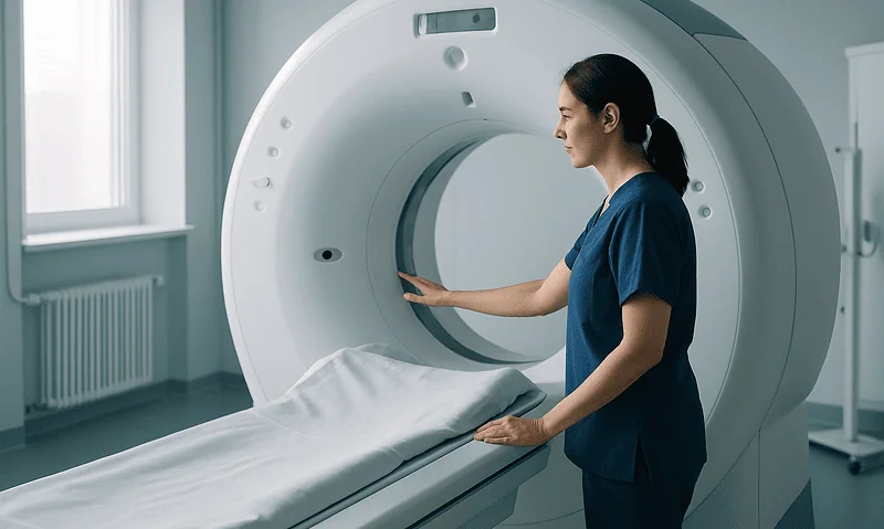 Female healthcare professional prepares MRI scan in a modern medical facility.