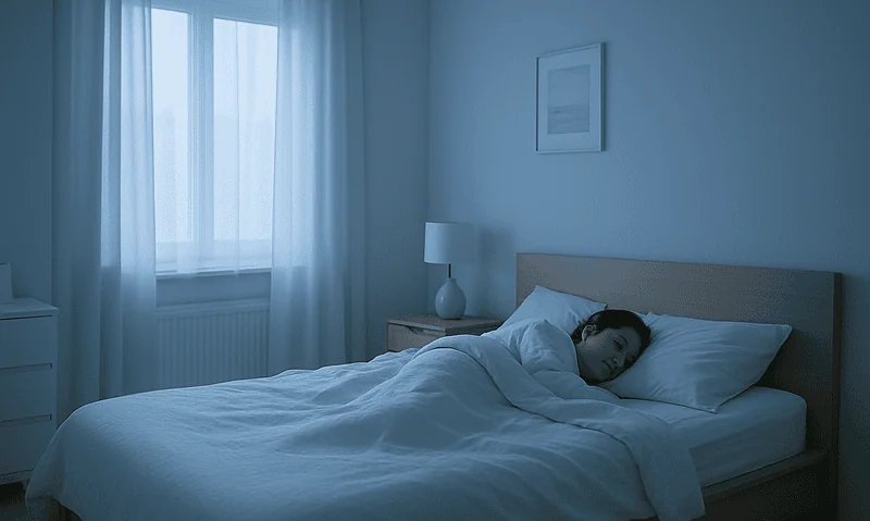 Person sleeping alone in a quiet, well-lit bedroom after radioiodine treatment.