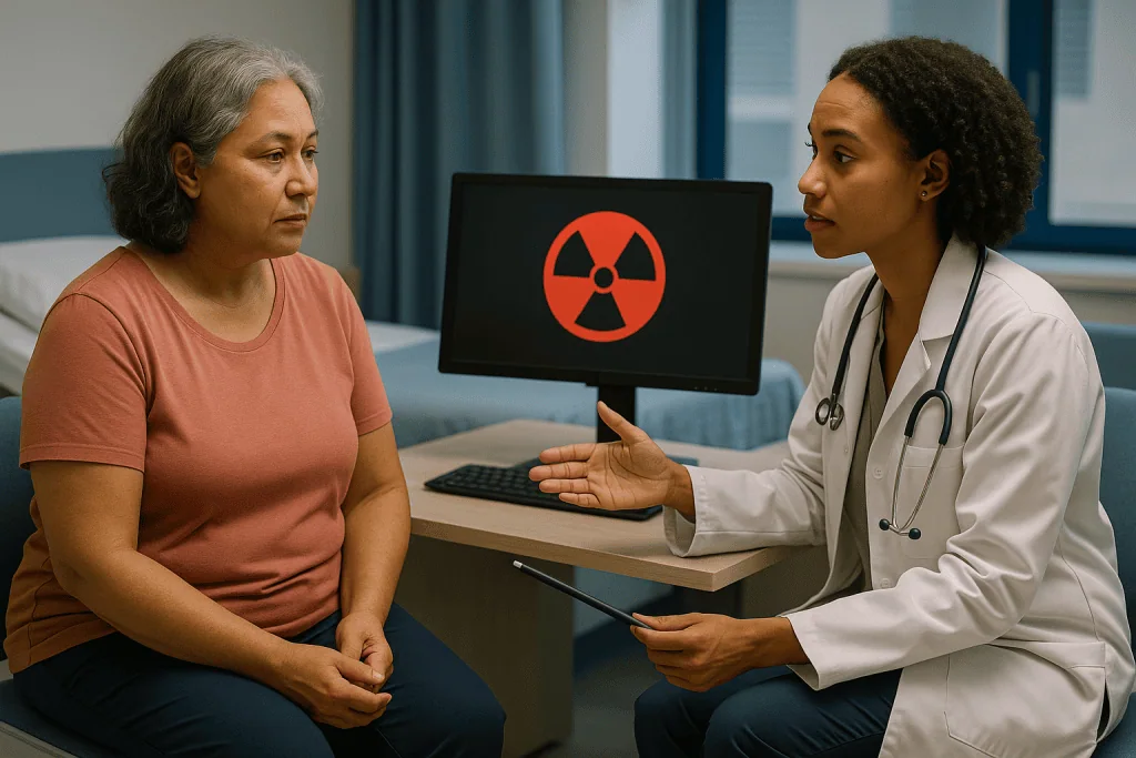 Doctor consulting patient about radiation therapy with educational display: Radiation vs surgery for vulvar cancer: what eac