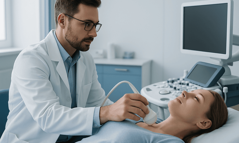 Doctor performing an ultrasound on a patient in a hospital room.