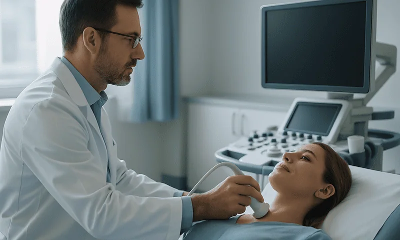 Endocrinologist performs thyroid ultrasound on patient in hospital.