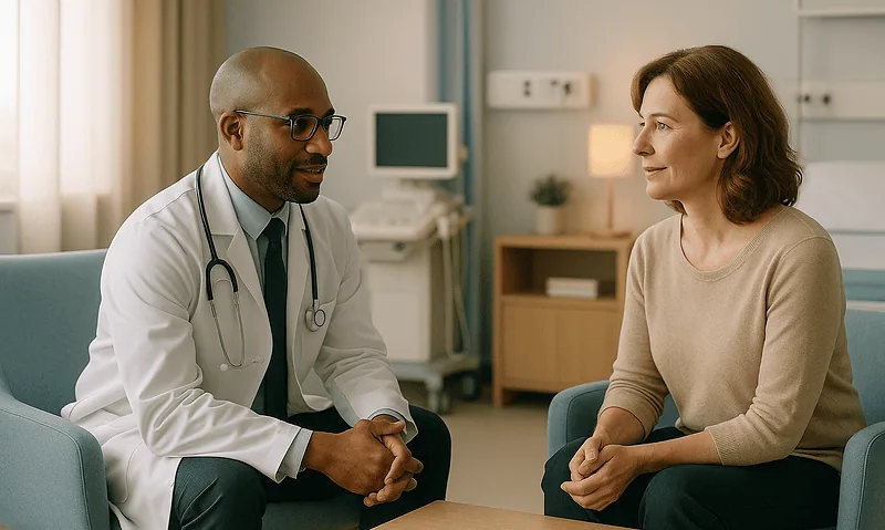 Doctor consulting with a female patient in a medical office setting.