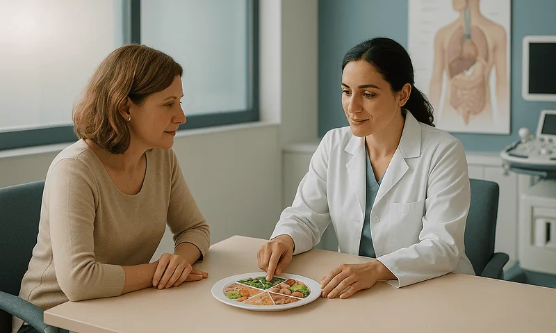 Doctor explaining dietary advice to a patient in a medical consultation room.
