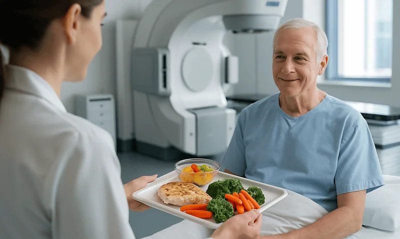 Patient receiving nutritious meal after radiotherapy at Acibadem Hospital.