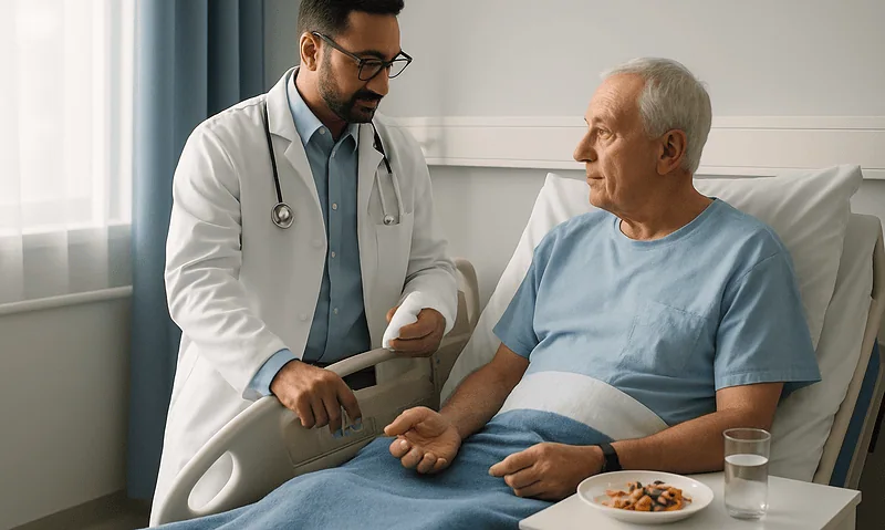 Doctor consulting with elderly patient in hospital room.