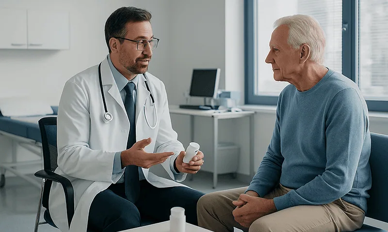 Doctor consulting with elderly patient in a modern medical office.
