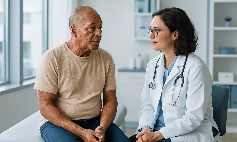 Doctor consulting with elderly male patient in a medical office.