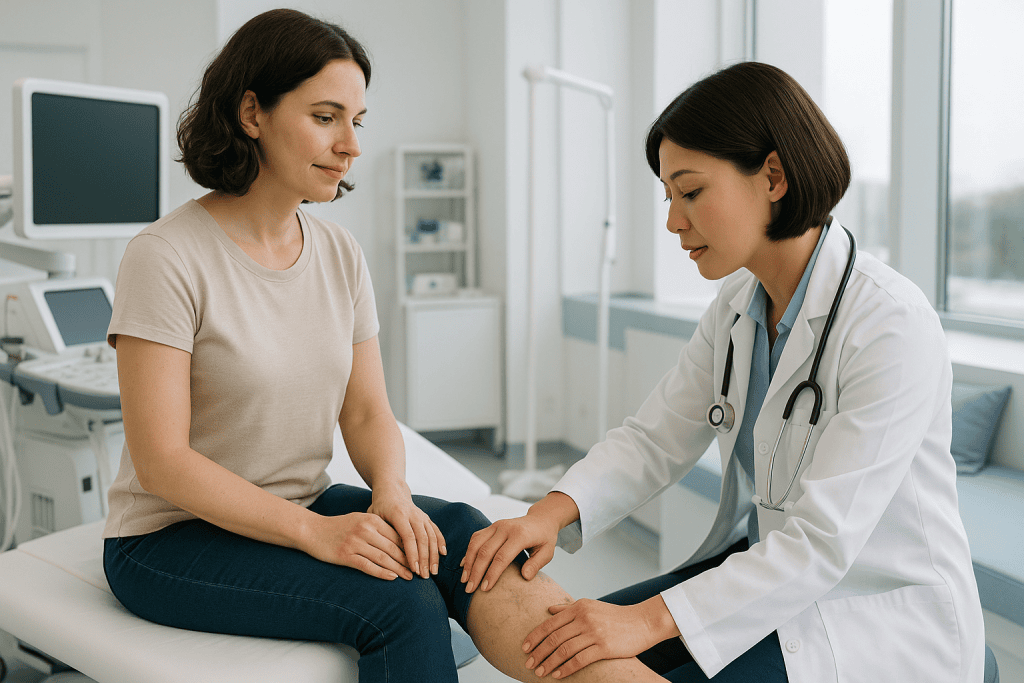 Raynaud Phenomenon 1 Doctor examining patient's knee in a medical clinic setting.