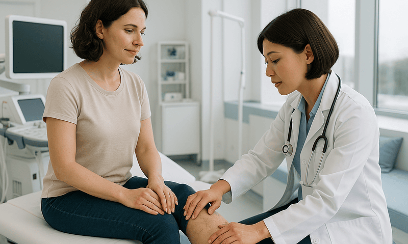 Doctor examining patient's knee in a medical clinic setting.