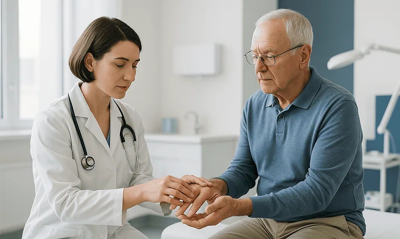 Doctor examining elderly patient's hand in a medical consultation room.