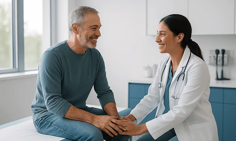 Doctor consulting with a middle-aged male patient in a medical office.