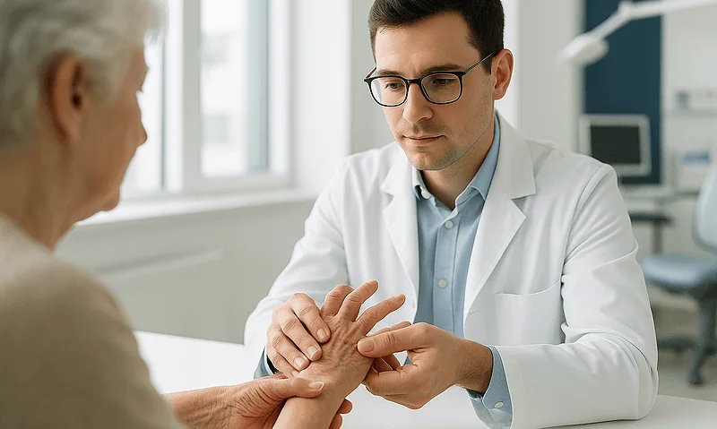 Doctor examining patient's hand for reactive arthritis symptoms.