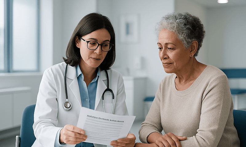 Urologist discussing bladder treatment options with an elderly patient in a clinic.