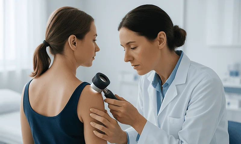 Doctor examining patient's shoulder with a dermatoscope in clinic.
