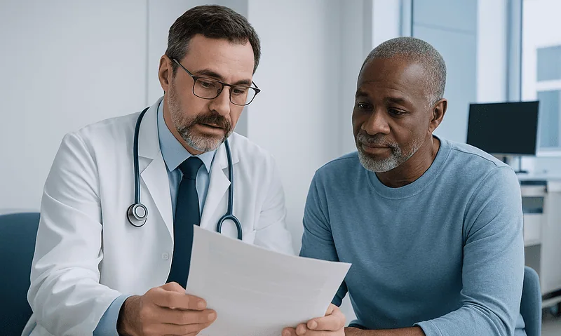 Doctor consulting with patient about treatment plan in a medical office.