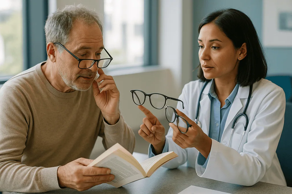Older man and female doctor discussing eyeglasses and reading: Reading glasses vs progressives: bifocals and office lenses e