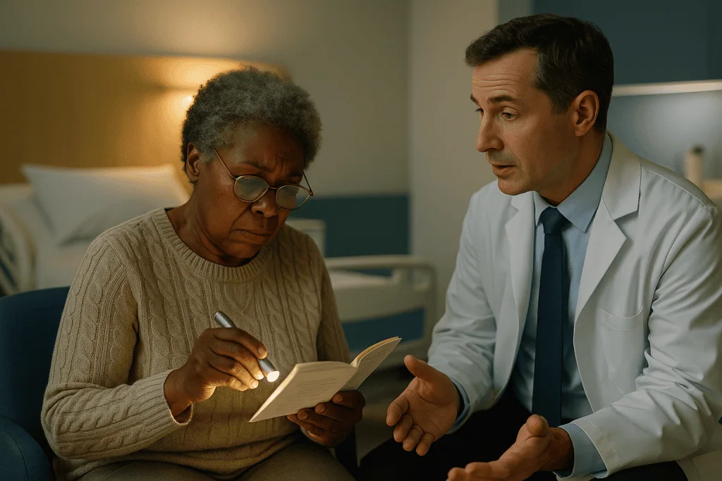 Doctor consulting elderly patient with notebook indoors: Reading light: why near vision fades in dim rooms