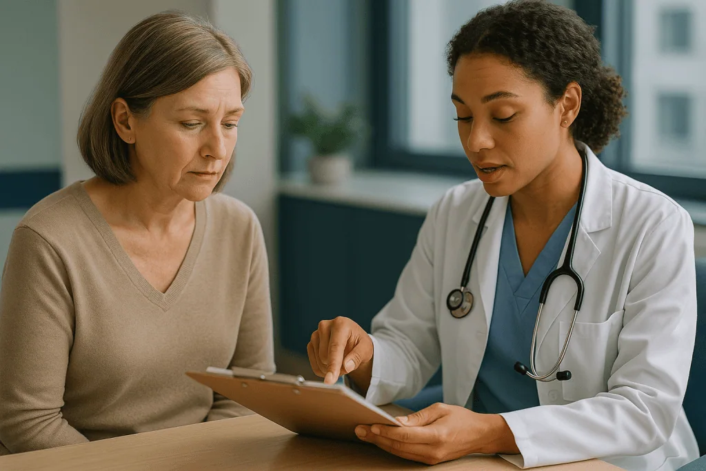 Doctor consulting with patient about medical results: Reading the alphabet: HBsAg, anti-HBs, anti-HBc, HBeAg and anti-HBe