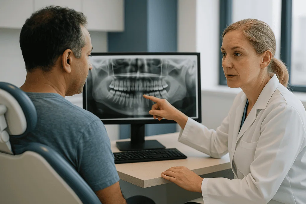 Dentist reviewing panoramic X-ray with adult patient: Reading the angle: what the tilt of a wisdom tooth tells the surgeon