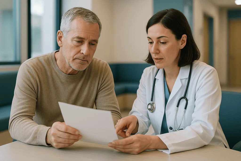 Male patient consulting with female doctor reviewing medical document: Reading the Peyronie's disease treatment options you